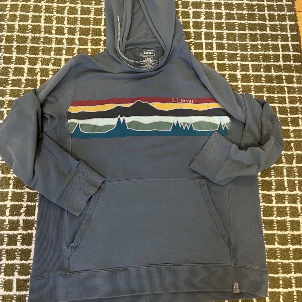 L.L. Bean Men's Slate Blue Pullover Hoodie with Multicolor Mountain Stripe - Med